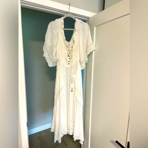 Free People never worn, white boho midi dress, off the shoulder, lace detail.